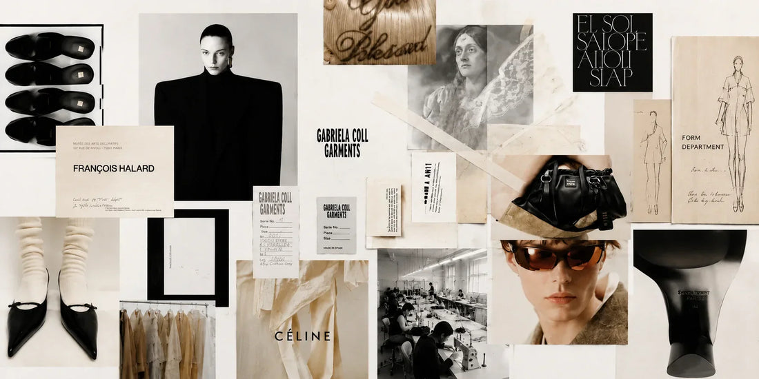 Fashion brand development mood board featuring apparel design, sourcing, and production inspiration.