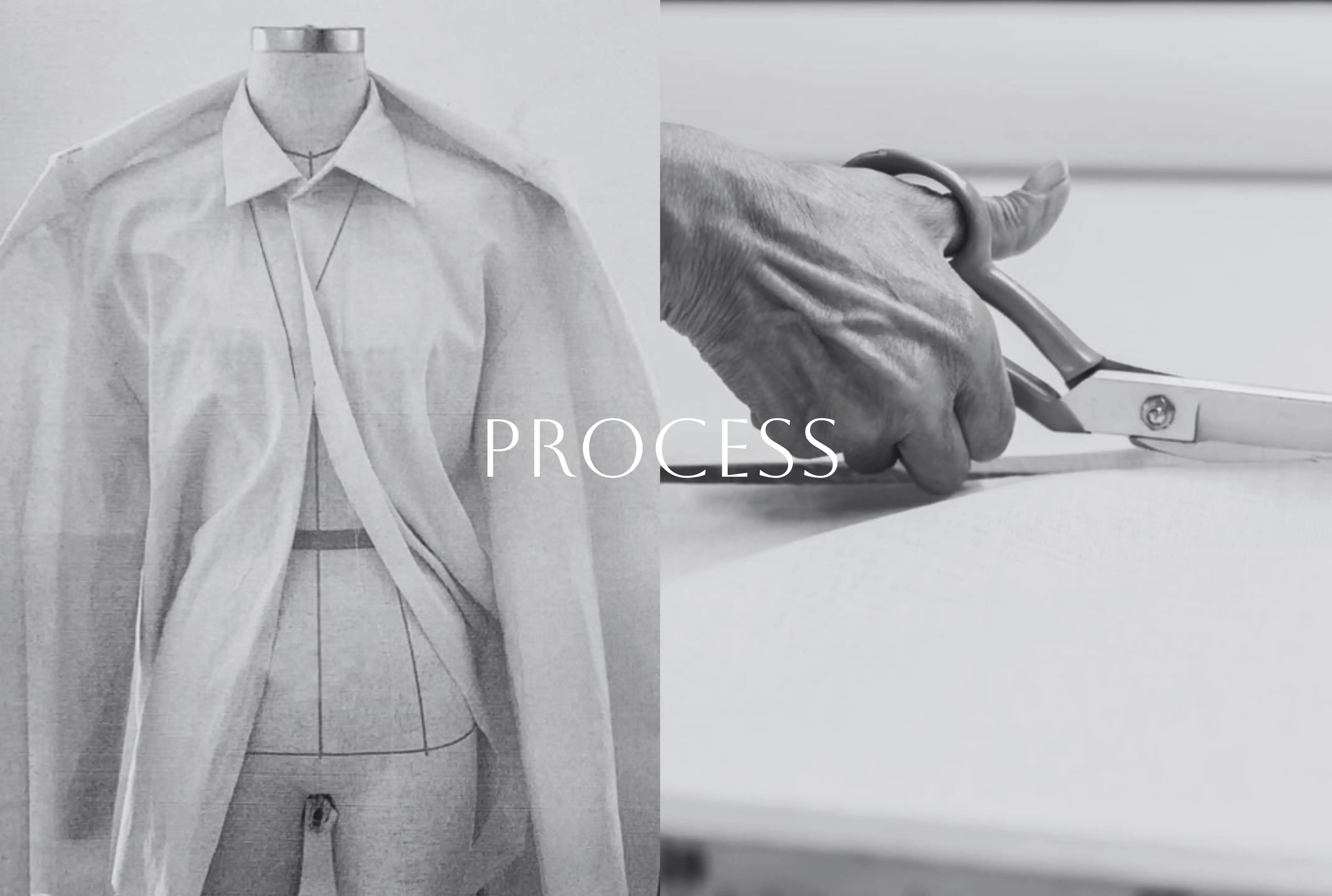Black and white image of a shirt on a mannequin with scissors and fabric in the background, featuring the word 'PROCESS'.
